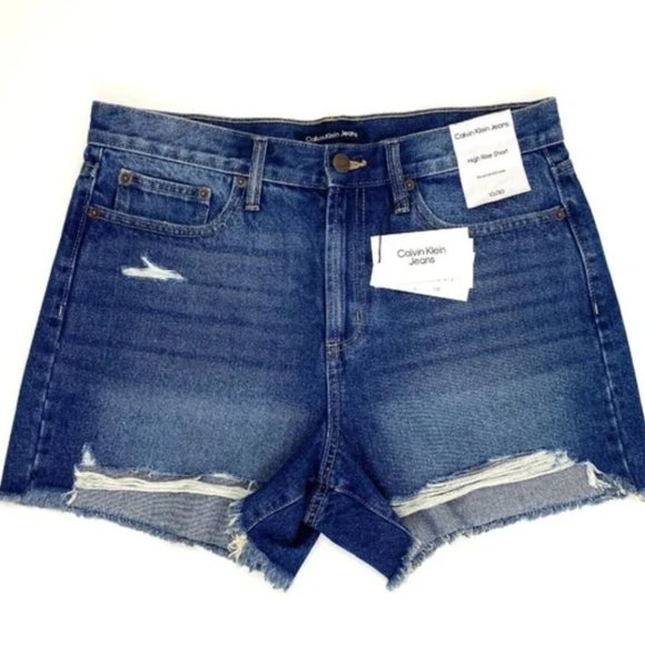 NWT CALVIN KLEIN Jeans Women's High Rise Cut Off Blue Denim Ripped Shorts 26" - Picture 1 of 6